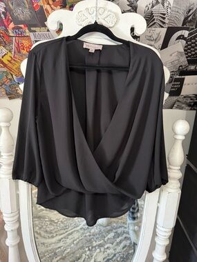 Philosophy Black Draped Surplice Blouse with Three-Quarter Sleeves